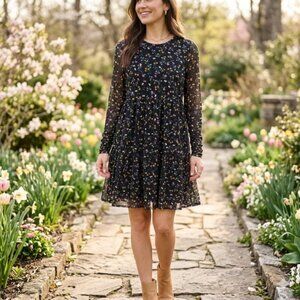 AFRM Black Floral Mesh Long Sleeve Babydoll Mini Dress Size M Boho